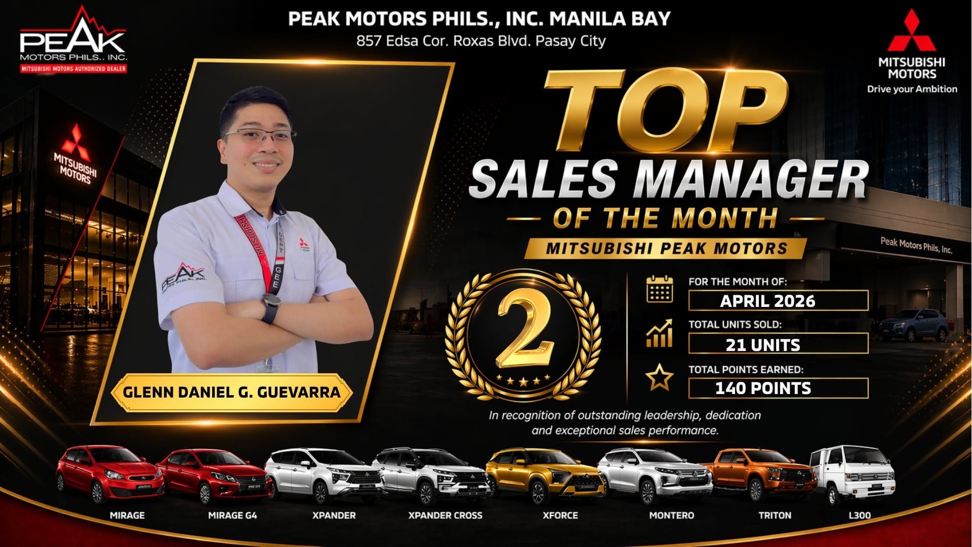 Glenn Guevarra Top Sales Manager award for April 2026